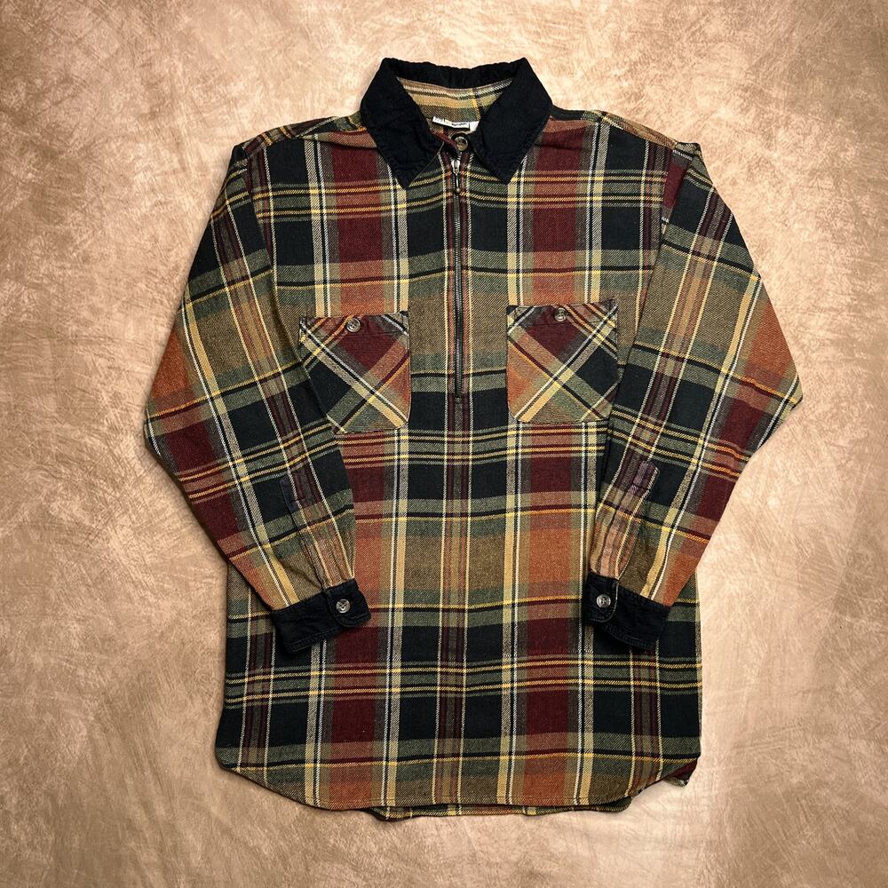 Vintage 90s Sun River Plaid Flannel Quarter Zip Corduroy Collar Multicolor Fall